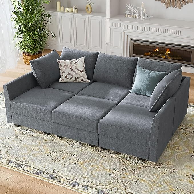 HONBAY Modular Sectional Sleeper Sofa with Storage U-Shape Modular Sectional Sofa with Ottomans Sleeper Sectional Couch for Living Room, Bluish Grey