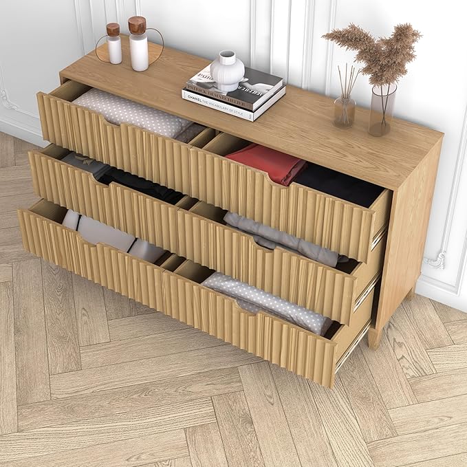 Fluted Dresser for Bedroom 6 Drawer, 58" Wide Large Wood Dresser, Chest of Drawers for Bedroom, Living Room, Hallway, Entryway, Modern TV Stand Drawer Organizer, Natural