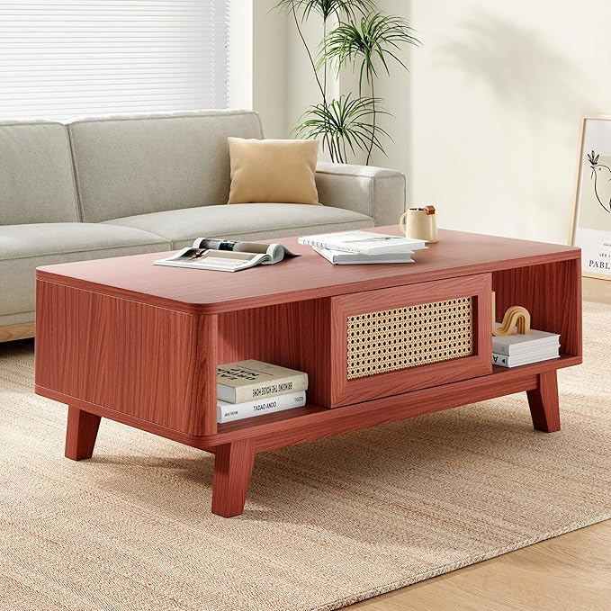 Soohow Coffee Table, Mid Century Living Room Tables with Storage, Modern Square with Rattan Drawer, Wooden Living Room Table with Solid Wood Leg