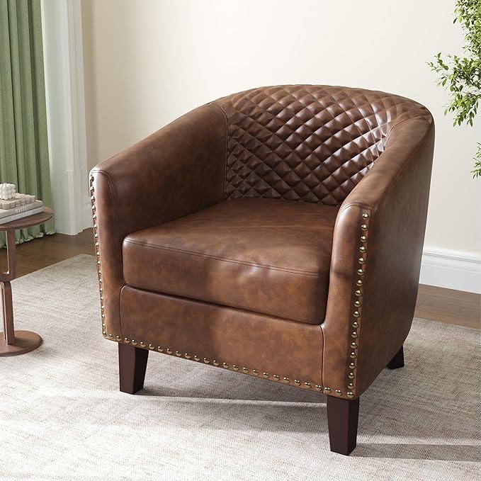 Accent Barrel Chair, Upholstered Faux Leather Club Chair with Nailed Trim, Comfy Reading Armchair for Living Room Bedroom Reception Room Office (Brown, Set of 2)