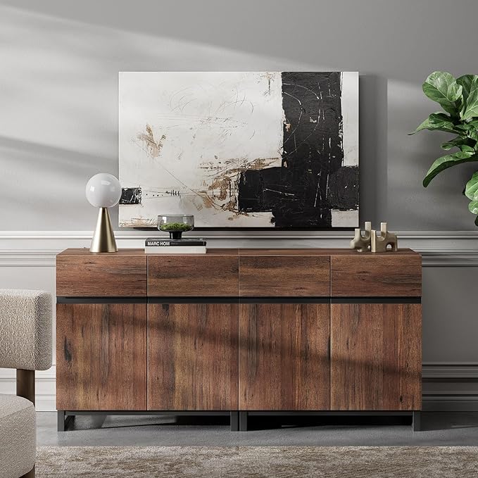 Wampat Modern TV Stand for up to 70 inch TVs, 2 in 1 Entertainment Center with Adjustable Shelves and Metal Base for Living Room, Bedroom, Brown