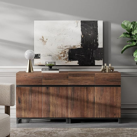 WAMPAT Modern TV Stand for 75-110 Inch TVs, Wooden Entertainment Center TV Console with Metal Base and Adjustable Shelves for Living Room, Bedroom, 63 Inch, Brown