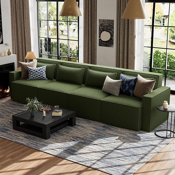 ELUCHANG 120" Modular Sectional Sofa Couch, 4 Seater Large Sectional Couches for Living Room, Modern Boucle Oversized Couch, Comfy Deep Seat Home Sofas Set, Green