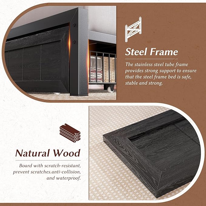 EnHomee King Size Bed Frame with Headboard and Storage, 2 Drawers & LED Farmhouse King Bed Frame with Storage Built in Charging Station,NO Noise,No Box Spring Needed,Black