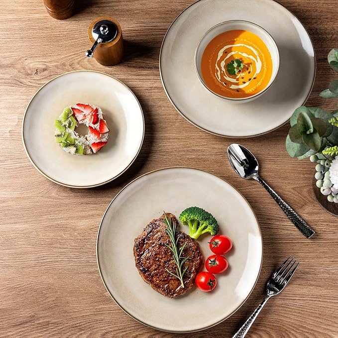 AmorArc Ceramic Dinnerware Sets for 4, 12 Pieces Handpainted Stoneware Plates and Bowls Set, Scratch Resistant Dishes Set, Dishwasher & Microwave Safe, Cappuccino