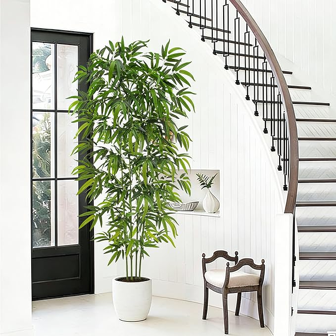 Artificial Tree Fake Plants, Artificial Bamboo Tree 7FT Tall in Black Potted, Artificial Tree Indoor Decor Bamboo Silk Tree with Natural Wood Trunk, for Home Office Living Room Modern