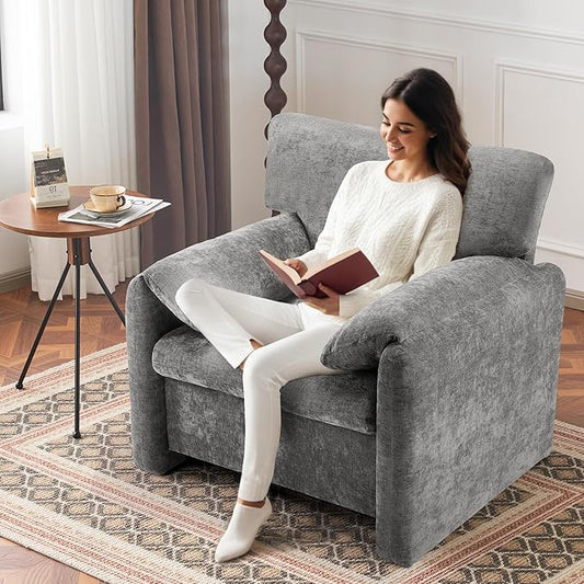 39" Modern Chenille Oversized Armchair, Wide Accent Chair, Mid Century Single Sofa Chairs, Comfy Upholstered Reading Chair for Living Room, Bedroom, and Apartment (Grey)