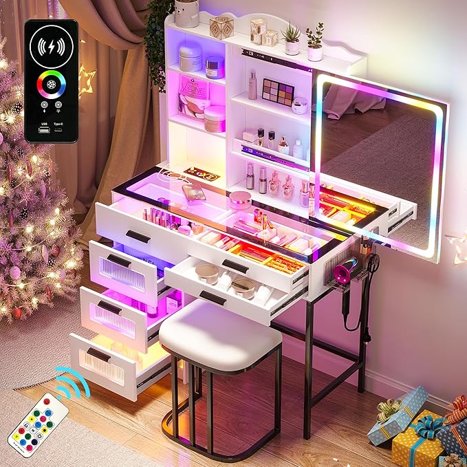 RGB Vanity Desk with Sliding Mirror and Lights, LED Makeup Vanitys with Charging Station, Glass Top Dressing Table Set with Jewelry Organizer,6 Drawers,Stool,Shelves for Bedroom(White)