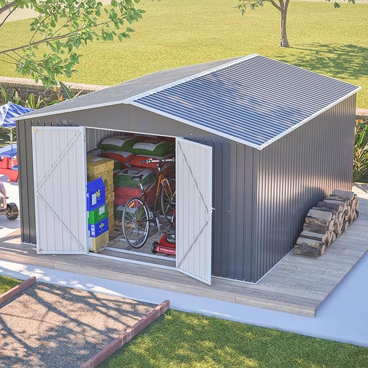 11x13FT Outdoor Storage Sheds with Floor Frame& Lockable Doors Garden Metal Shed Waterproof Galvanized Steel Tool Shed with Air Vents Sloping Roof Ideal for Backyard Patio Lawn Gray