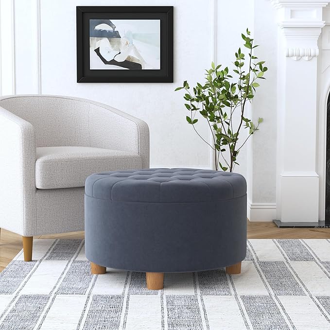 HomePop Home Decor | Button Tufted Velvet Round Storage Ottoman | Ottoman with Storage for Living Room & Bedroom, Steel Blue Velvet