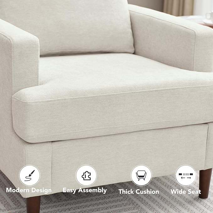 Mid-Century Accent Chair,Modern Linen Fabric Armchair for Living Room,Comfy Upholstered Reading Accent Chairs for Bedroom,Single Sofa Chair with Wood Legs (Beige, 1 Pack)