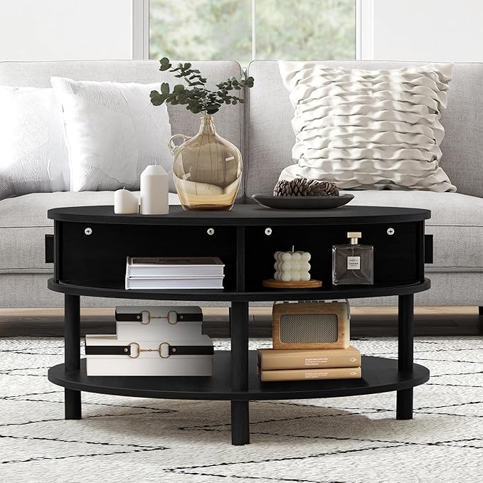 RARZOE 31.5" Round Coffee Table with Storage, Wood Circle Coffee Table with Sliding Cabinet Doors, Fluted Dining Table Accent Center Table for Living Room Home Office Apartment, Black
