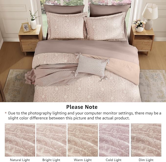 Queen Comforter Set -7 Pieces Botanical Almond Pink Comforter for All Seasons, Bed in a Bag Queen with Flowers Floral Comforter, Sheets, Pillowcases & Shams