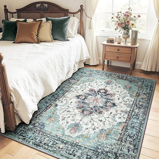 Area Rugs 4'x6' Washable Non-Slip, Floral Vintage Distress Print Pattern Medallion Carpet for Living Room Bedroom Dining Room, Green Navy Blue White Red Teal Colorful