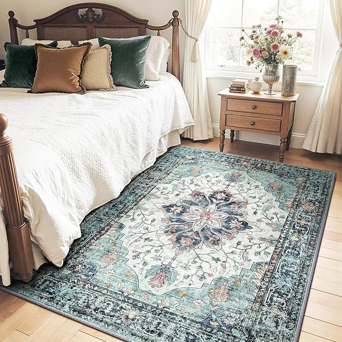 Area Rugs 5'x7' Washable Non-Slip, Floral Vintage Distress Print Pattern Medallion Carpet for Living Room Bedroom Dining Room, Green Navy Blue White Red Teal Colorful