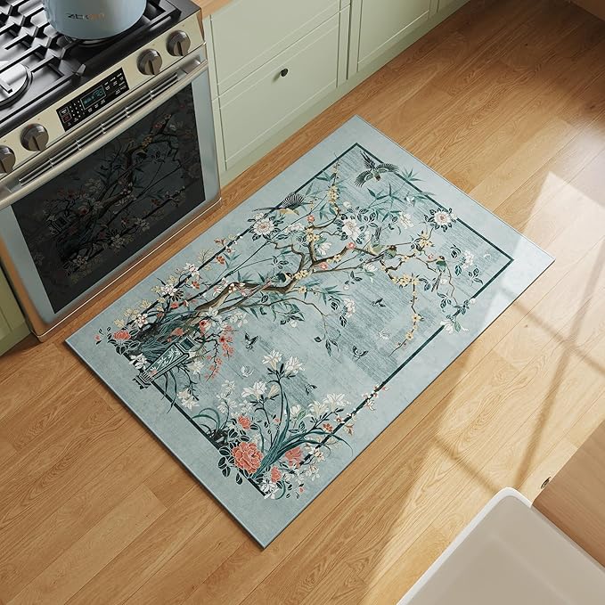 Door Mat Indoor Entrance 2x3 Rug Chinoiserie-Style Floral Vintage Machine Washable Small Area Rug Non-Slip Low Pile Throw Rugs for Entryway, Kitchen, Front Door, Entry, Kids Room, Blue