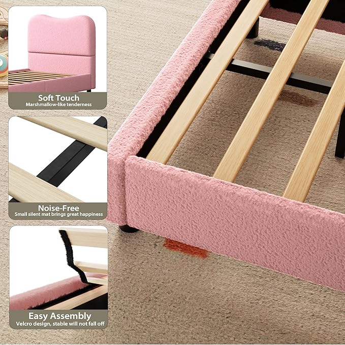 GarveeHome Twin Bed Frame for Kids with Velvet Upholstered Headboard, Cute Low Profile Platform Bed for Girls and Boys, No Box Spring Needed, Strong Wooden Slats, Noise Free, Easy Assembly, Pink