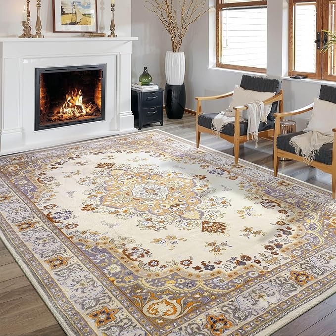 Living Room Rug 6x9 Rug, Machine Washable Area Rug Non Slip Low Pile Rug for Living Room, Bedroom, Farmhouse, Dining Room, Beige