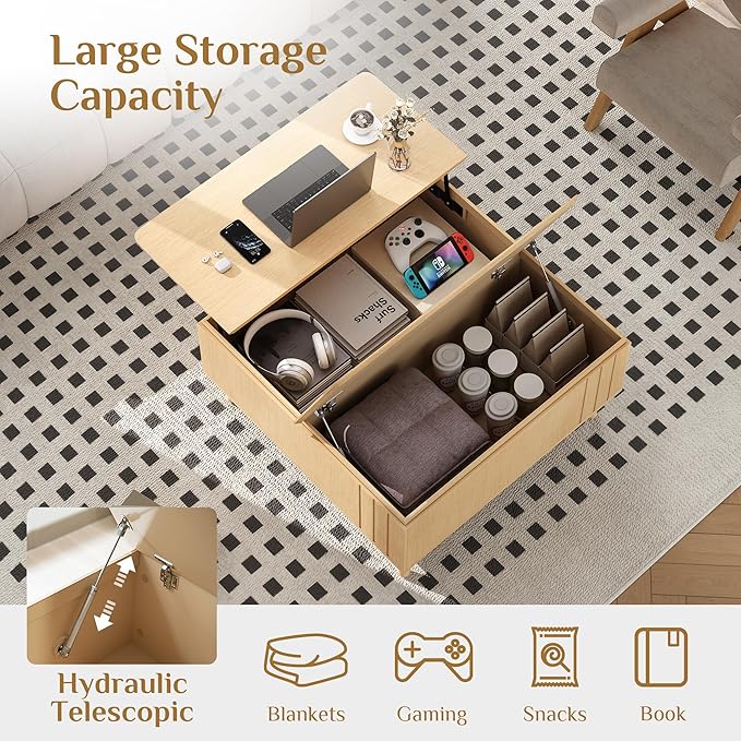 Lift Top Coffee Table with Storage,Large Square Coffee Tables for Living Room,Mid Century Modern Center Table for Home Office, Oak