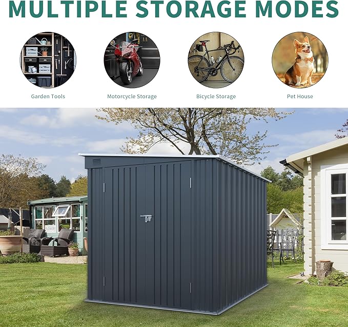 6x8FT Galvanized Steel Outdoor Storage Shed with Lockable Double Doors, Metal Lean to Shed with Free PC Light Board for Tools, Bikes & Patio Essentials (Without Floors)
