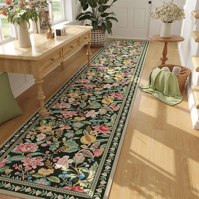 Runners for Kitchen Runner Rug Non Slip 2'x10' Long Washable Rugs with Rubber Backing Soft Vintage Floral Carpet Runner for Kitchen, Laundry, Bedroom, Bathroom, Green