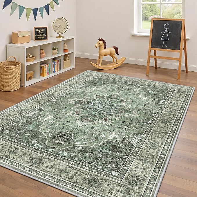 Area Rugs 5'x7' Washable Non-Slip, Floral Vintage Distress Print Pattern Medallion Carpet for Living Room Bedroom Dining Room, Dark Green Gray