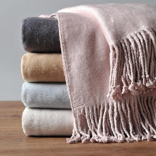 EP Mode Fringed Mulberry Silk Throw Blanket for Sofa (Cameo Pink)