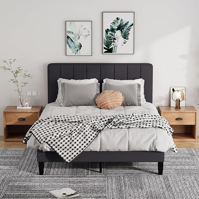 Full Size Bed Frame with Headboard,Fabric Upholstered Platform Bed Frame with Wooden Slats Support,No Box Spring Needed/Non-Slip Without Noise/Easy Assembly, Darkgrey