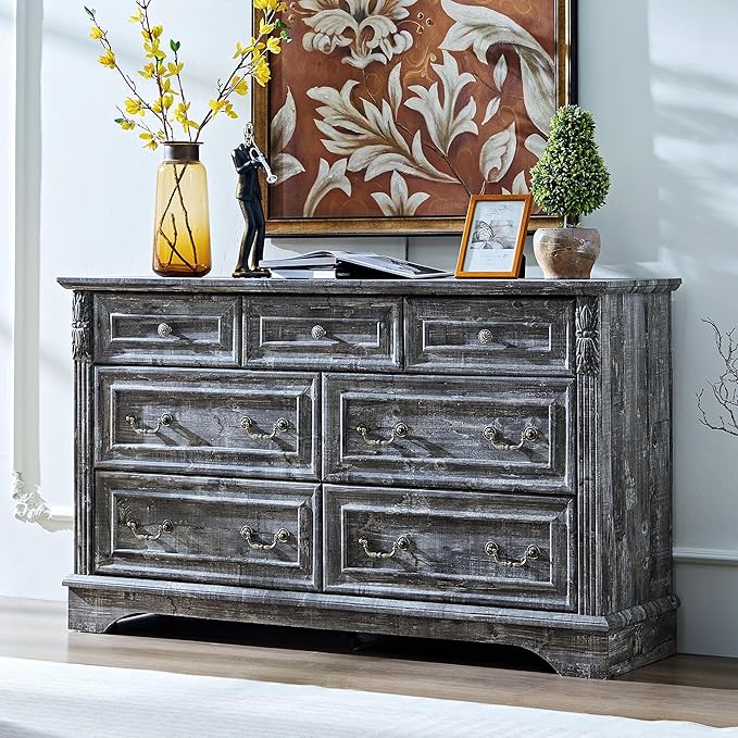 Farmhouse 7 Drawers Dresser, Dressers for Bedroom, 54" Wide Wood Rustic Chest of Drawers with Carved Pilasters, Storage Organizer, Living Room, Hallway, Light Gray