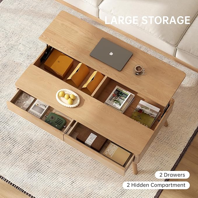 Lift Top Coffee Table, 100% Solid Oak Wood Log Color Coffee Table with Drawers and Hidden Compartments, Rectangular Coffee Tables with Storage for Living Room Home Decor (49.27" L)