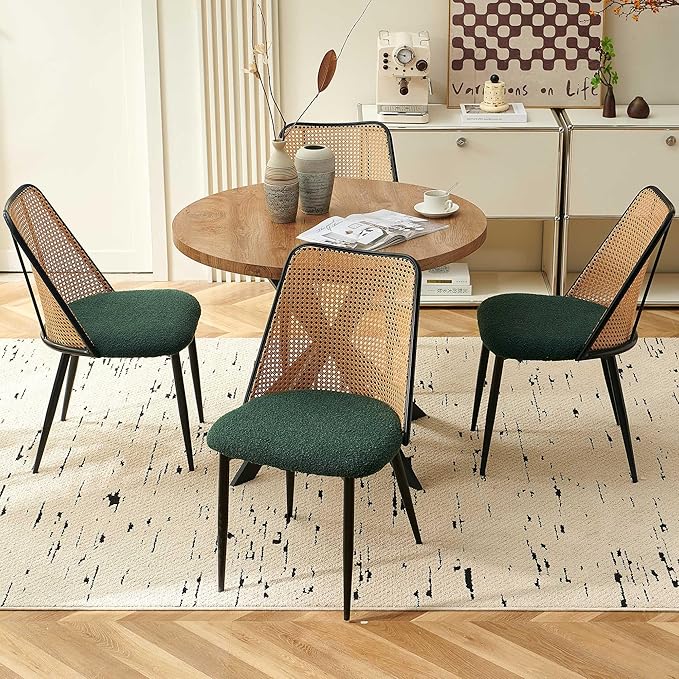 Green Dining Chairs Set of 4, Upholstered Home Kitchen Chairs Woven Rattan Back Boho Dining Room Chairs Comfortable with Metal Legs for Living Room Dining Hall