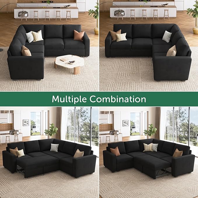 HONBAY Sectional Sleeper Sofa with Pull Out Bed, Velvet L Shaped Couch with Storage Seat, Modular Sectional Couches for Living Room, Black