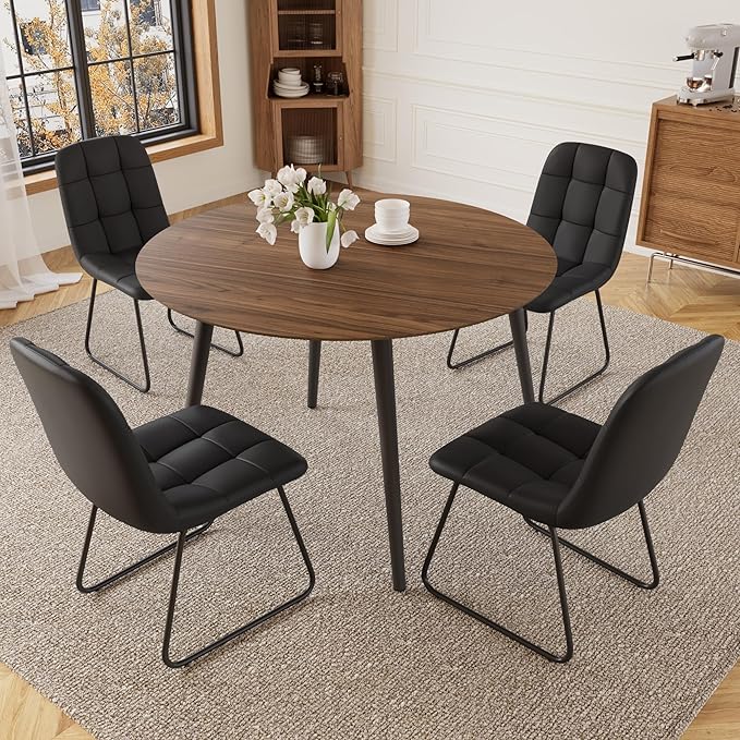 43.3 Inch Round Dining Table Set for 4, Modern Small Kitchen Coffee Set for Dining Room Kitchen Apartment (Walnut Table+4 U-Shaped Black Chairs)