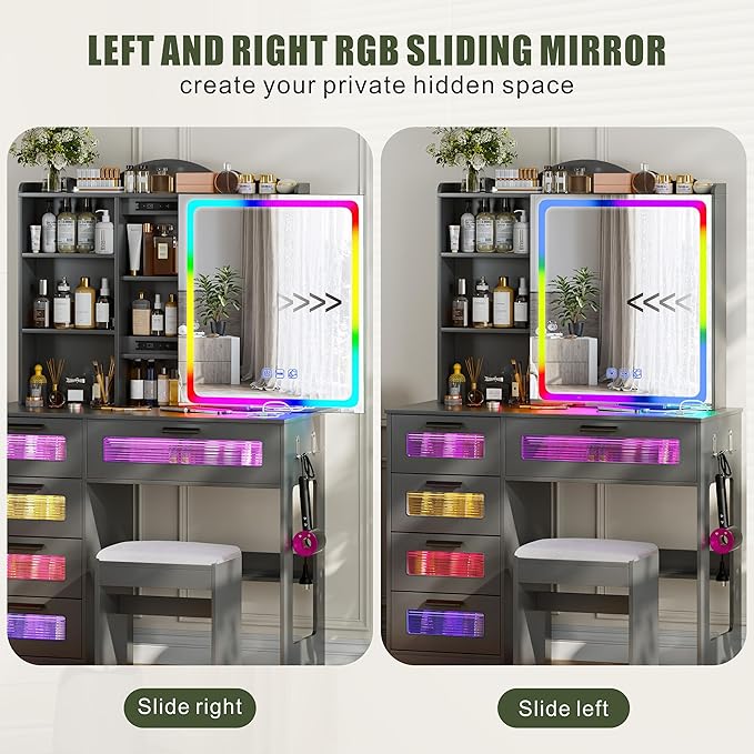 Vanity Desk with Sliding Vanity Mirror and RGB Lights,Makeup Vanity Desk with Charging Station,LED Vanity Table with Hidden Storage,Dressing Table Set with Stool&5 Drawers for Bedroom,Grey