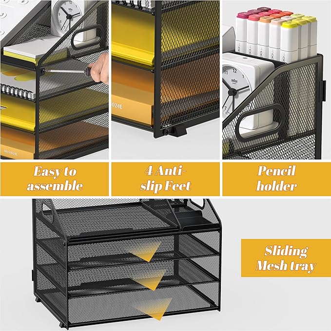 Letter Tray Paper, 4 Tier Desk Organizer with Pen Holder and Handle Mesh File Organizer Paper Sorter Metal Desktop Document Shelf for Office Home Classroom -Black