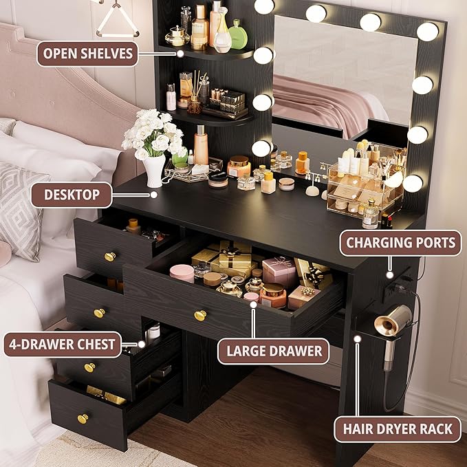 IRONCK Vanity Desk with Mirror and Lights, Small Makeup Vanity Table with 5 Drawers, Power Outlet, and Vanity Stool, 3 Lighting Colors, Dressing Table for Women Girls Bedroom, Black