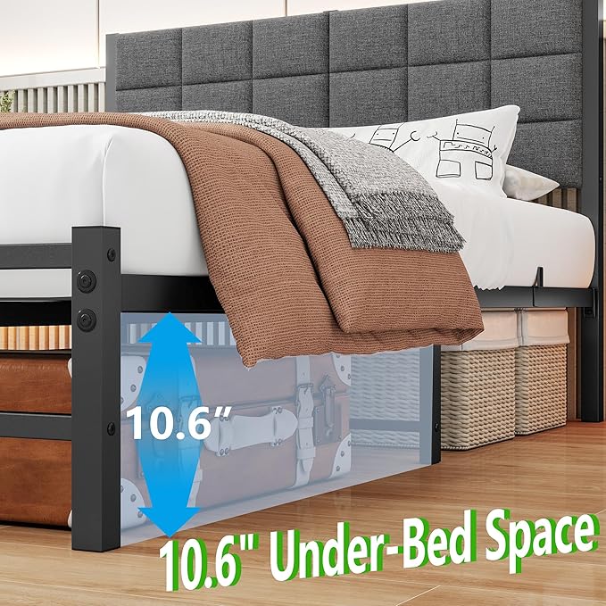 Queen Size Bed Frame with Headboard,Upholstered Bed Frame Queen,Platform Bed Frame with Heavy Duty Metal Slat Support/Queen BedFrame No Box Spring Needed/Under Bed Storage/Easy Assembly,Grey