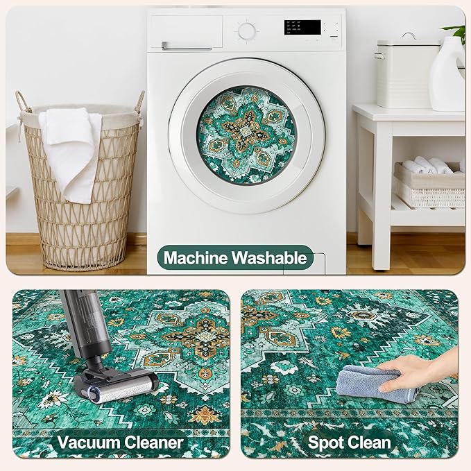 Tangsoo 2.6x8 Washable Runner Rug for Hallways, Non Slip Vintage, Soft Low Pile Long Rug Runner, Print Distressed Emerald Carpet Runners for Kitchen Bedroom Entryway Bathroom Living Room