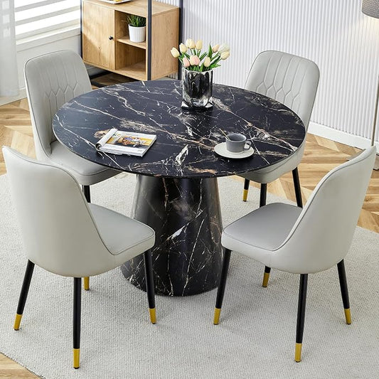 45 Inch Round Dining Table Set for 4, 5 Piece Kitchen Table and Chairs Set, Black Faux Marble Table Top, Small Space Dining Set for Apartment or Dining Room