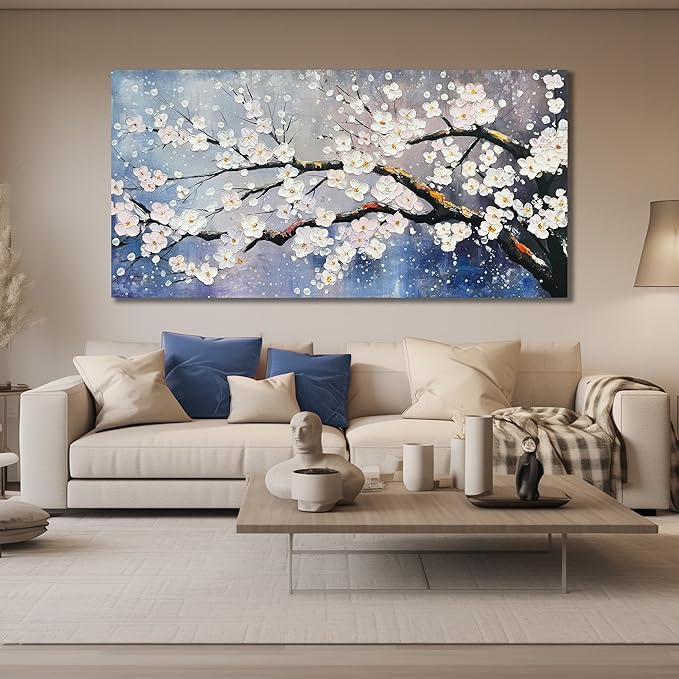 White Flowers Hand Painted Wall Art For Bedroom Blue Modern Wall Decor For Office Extra Large Wall Art For Living Room Size 36 x 72 Inch