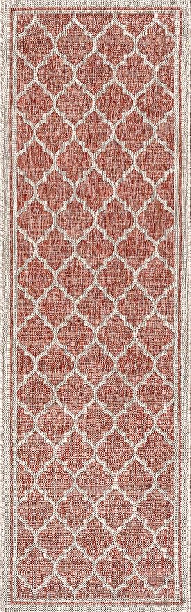 Eyely BMS109C-220 Santa Monica Trebol Moroccan Trellis Textured Weave, Pet Friendly, Non-Shedding, Stain Resistant, Easy-Cleaning, Red/Beige, 2 ft. x 20 ft., Indoor/Outdoor, Runner Rug