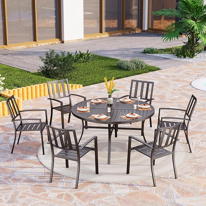 PHI VILLA 7 Pieces Outdoor Round Dining Set for 6, Wrought Iron Dining Table with Umbrella Hole & Stackable Metal Steel Chairs, Large Dining Furniture Set for Patio, Deck, Yard, Porch