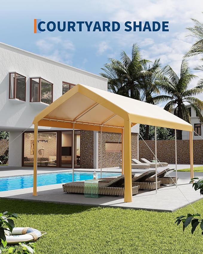 Garvee 10x20 Heavy Duty Carport, Galvanized Steel Outdoor Car Canopy with UV-Resistant & Water-Resistant PE Cover, Portable Garage for SUV, Truck, Boat, Yellow