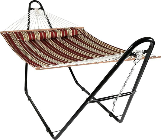 Sunnydaze Double Quilted Fabric Hammock with Universal Steel Stand - 450-Pound Capacity - Black Stand - Red Stripes