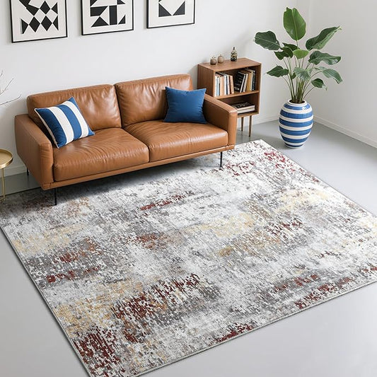 Living Room Rug 6x9 Rug, Machine Washable Area Rug Non Slip Low Pile Rug for Living Room, Bedroom, Farmhouse, Dining Room, Kids Playroom, Rust Red&Brown