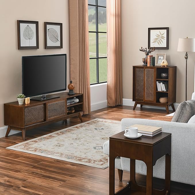 59 inch Mid Century Modern TV Stand with Rattan Cabinet Doors, Boho Entertainment Center for 55/60/65 inch TVS, Media Console for Living Room/Bedroom, Dark Walnut