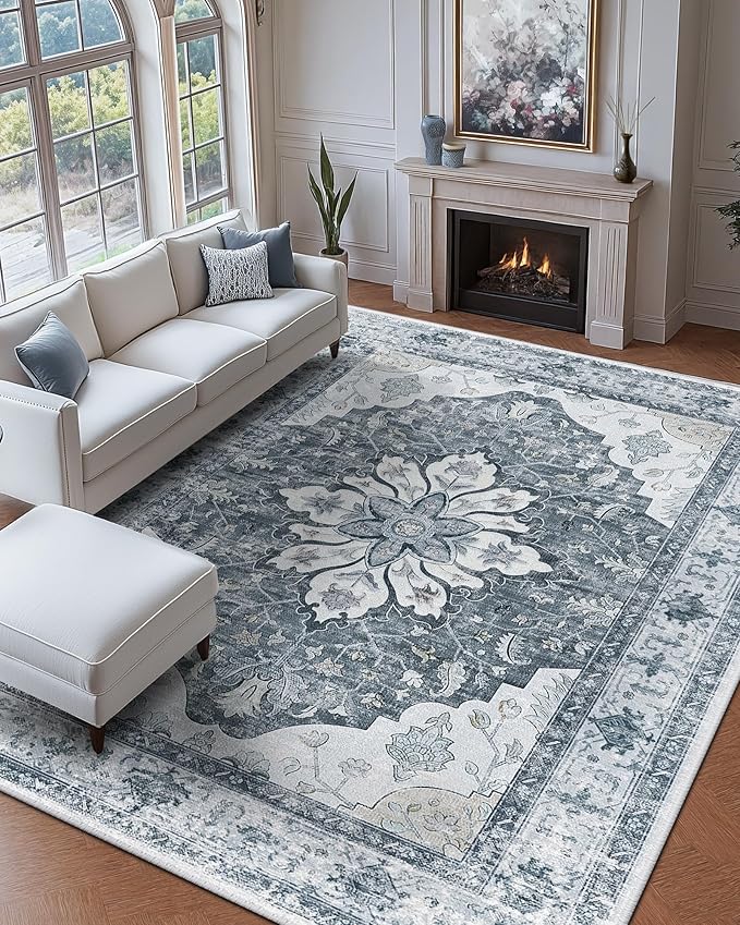 Area Rugs 6'x9' Washable Non-Slip, Floral Vintage Distress Print Pattern Medallion Carpet for Living Room Bedroom Dining Room, Light Gray Grey White