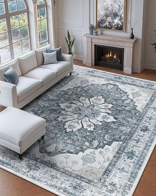 Area Rugs 9'x12' Washable Non-Slip, Floral Vintage Distress Print Pattern Medallion Carpet for Living Room Bedroom Dining Room, Light Gray Grey White