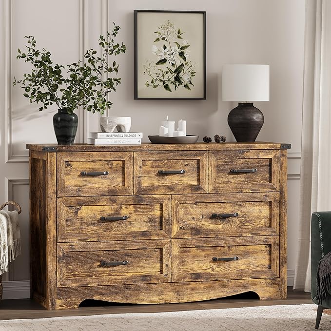 Dresser for Bedroom with 7 Drawers, 48" Wide Wood Chest of Drawers with Deep Drawers & Mental Handle, Modern Dresser TV Stand, Wooden Closet Storage Organizer for Living Room, Hallway, Entryway, Brown