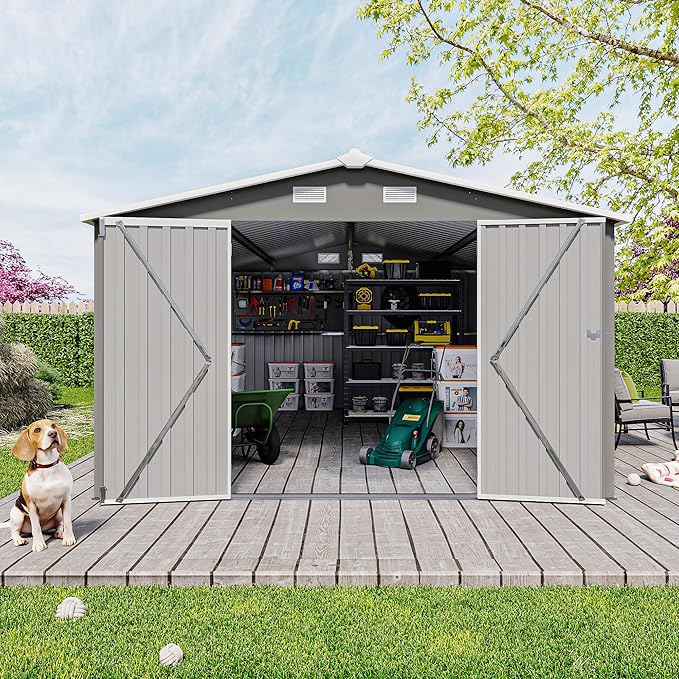 10 x 14 FT Outdoor Storage Shed, Metal Garden Tool Shed with Slooping Roof, Lockable Doors, All-Weather Bike Shed Easy to Assemble for Backyard, Patio, Lawn, Grey